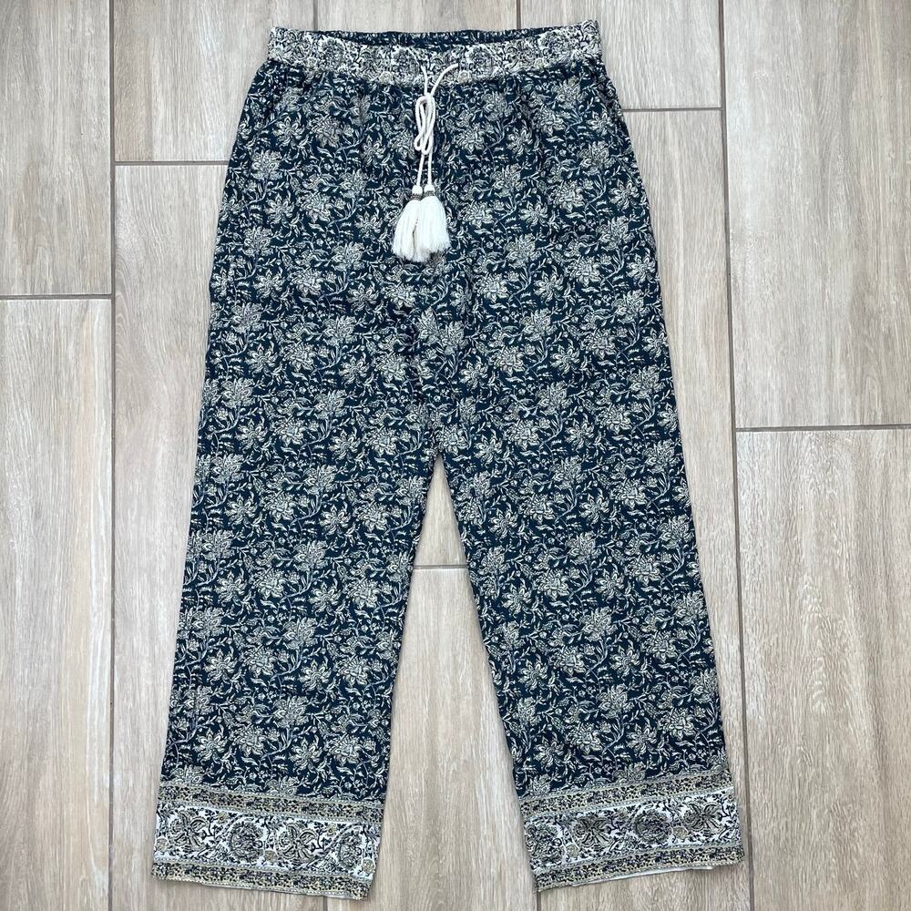 Sundance XS Blue Floral Boho Tassel Drawstring Cropped Pants Cotton India
